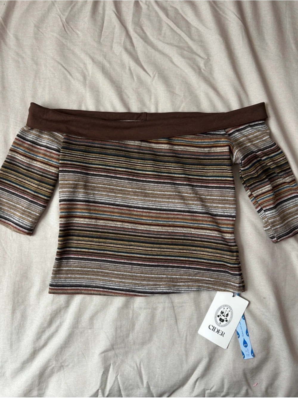 Cider Brown Striped Off-Shoulder Women’s Top